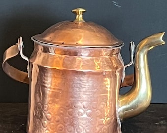 Antique Hammered Copper Tea Kettle Brass Spout Dovetail Seams 7.5"