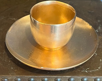 Antike schwere vergoldete Bronze Ritual Altar Tasse & Untertasse - Hand gehämmert - 2,4 Pfund