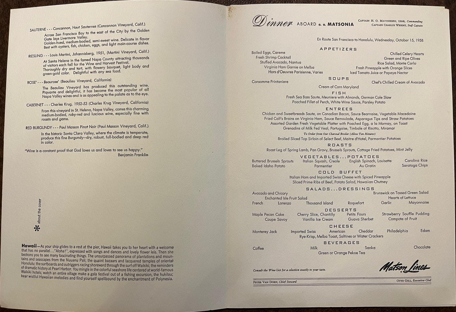 Vtg 1958 Matson Lines SS Matsonia Dinner Menu Set - 4 Mid-century
