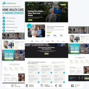 May include: A website template kit for home health care and nursing services. The design includes multiple pages, is fully responsive, and easy to customise. The template features a modern and clean design with images of healthcare professionals and patients.