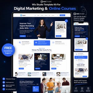 Könnte beinhalten: Ein Wix Studio Template-Kit für digitales Marketing und Online-Kurse. Das Design umfasst ein Website- und ein Handy-Mockup, das die Funktionen der Website zeigt. Der Text enthält "Verbessern Sie Ihre digitalen Marketingfähigkeiten mit Digital" und "Kostenlose Installationsunterstützung".