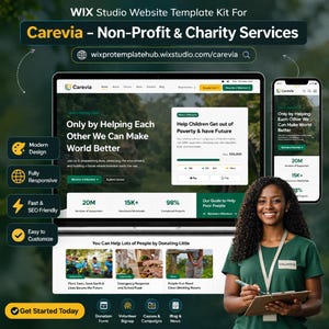 May include: A website template kit for non-profit and charity services. The design includes a laptop and smartphone displaying a website interface with the text "Carevia". The image also features a woman holding a clipboard and pen, with the word "VOLUNTEER" on her shirt.
