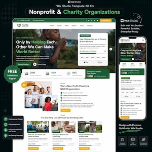 May include: A website template kit for nonprofit and charity organizations. The design features a green and white color scheme with images of people and text. The website includes sections for causes, about us, and donation options. The text reads "Only by Helping Each Other We Can Make World Better."