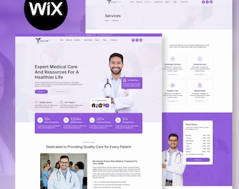 Może przedstawiać: Projekt strony internetowej dla praktyki medycznej, z uśmiechniętym lekarzem i tekstem "Expert Medical Care And Resources For A Healthier Life". Projekt wykorzystuje fioletowo-białą kolorystykę, z ikonami i opisami usług.