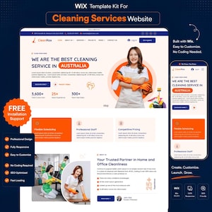 Puede incluir: Un kit de plantilla de sitio web para servicios de limpieza, que presenta una vista de escritorio y móvil. El diseño incluye acentos naranjas y azules, con el texto "Cleaning Services Website" y "WE ARE THE BEST CLEANING SERVICE IN AUSTRALIA". La imagen también destaca características como "Flexible Scheduling".