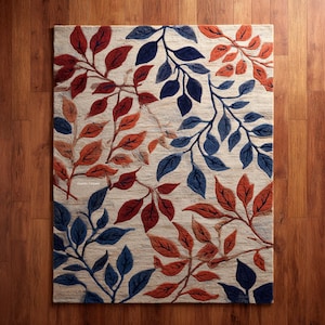 Burnt Orange Wool Area Rug | Hand Tufted Botanical Leaf Carpet For Living Room