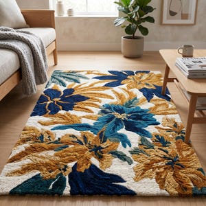 Mustard Yellow Blue Wool Area Rug | Hand Tufted Floral Botanical Carpet