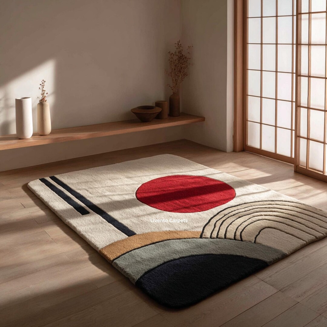 Zen Rug Patterns Japandi Sunrise Abstract Rug for Living Room Decor | Modern Red Zen ...