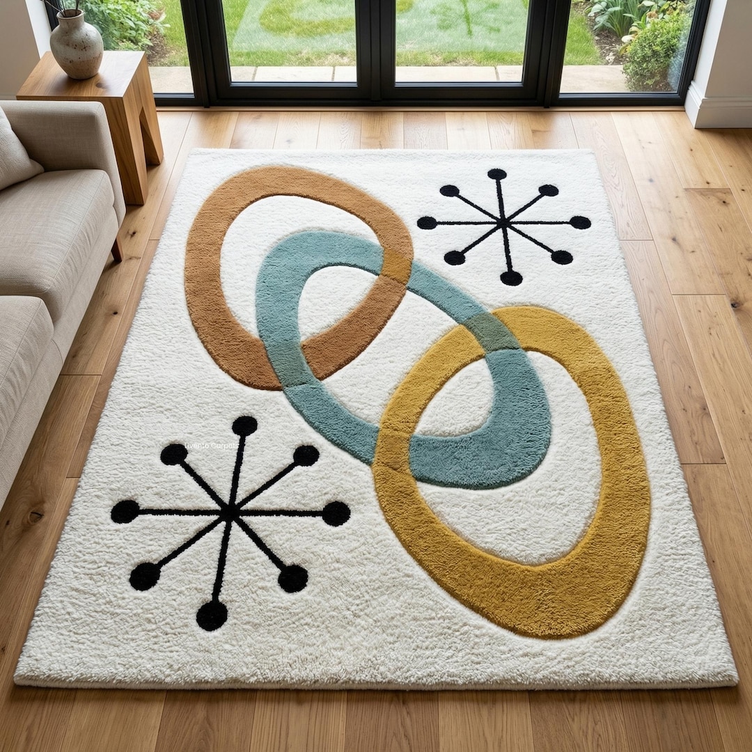 Atomic Fallout Rug Mid Century Modern Wool Rug With Atomic Starburst and Interlocking ...