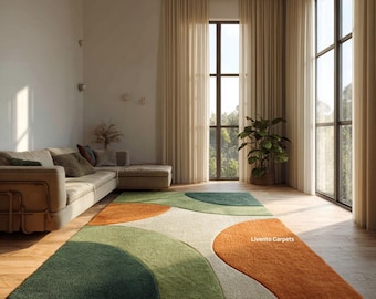 Organic Wave Abstract Rug for Living Room Decor | Green Terracotta Modern Designer Carpet