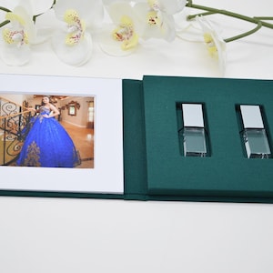 Dark Green Linen USB Box, Wedding Photography Client Gift, Photo Display Window