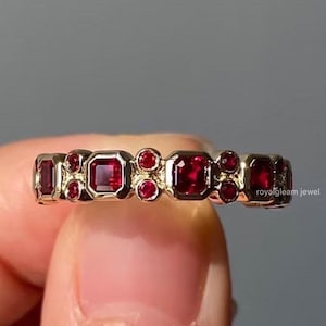 Vintage Art Deco Inspired Wedding Ring, Asscher & Round Cut Red Ruby Moissanite Engagement Ring,Half Eternity July Birthstone Bezel Set Band