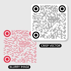 May include: Two QR codes, one crisp and black, the other blurry and red, are displayed against a light gray background. The crisp code is square with rounded corners and the text "CRISP VECTOR" below it. The blurry code has the text "BLURRY IMAGE" below it.