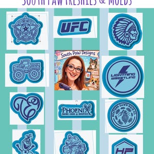 May include: A collage of blue molds and designs, including the UFC logo, a Native American profile, and the text "Lightning Wrestling." Other designs include a monster truck, a heart, and the text "Phoenix Home Care & Hospice."