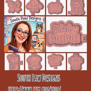 以下が含まれることがあります： リボンの形、犬、そして「inked mama」の文字など、さまざまな形の茶色のプラスチック型を集めた画像です。「South Paw Designs」の文字とウェブサイトのアドレスも表示されています。
