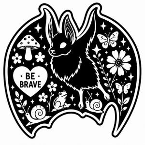 May include: A black and white sticker shaped like a bat silhouette featuring a central bat illustration surrounded by a mushroom, a heart with the text BE BRAVE, a frog, two snails, two butterflies, flowers, and small four-pointed stars.