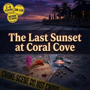 Puede incluir: Una caja de juego titulada "The Last Sunset at Coral Cove" con una escena de playa. La imagen incluye una escena del crimen con un cóctel, fotos, una lupa y cinta de escena del crimen.