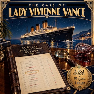 Pode incluir: Um jogo de mistério intitulado The Case of Lady Vivienne Vance com um grande transatlântico chamado S.S. Aurelia, um dossiê de investigação em couro, uma lista de passageiros, uma lupa e um emblema dourado com 2.853 suspeitos, 10 pistas, 1 assassino.
