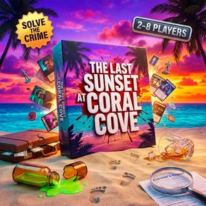 May include: A board game box titled "The Last Sunset at Coral Cove" with a tropical sunset background. The box is surrounded by game pieces, a briefcase, a broken bottle with green liquid, and a magnifying glass. Text on the box reads "Solve the Crime" and "2-8 Players."