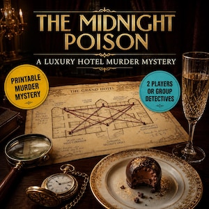 May include: A murder mystery game titled The Midnight Poison featuring a vintage map of The Grand Hotel, a magnifying glass, a gold pocket watch, a champagne flute, and a chocolate dessert on a gold-rimmed plate with two circular labels.
