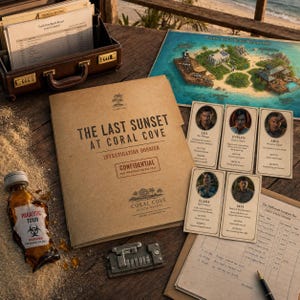 May include: A mystery game set featuring a brown briefcase, a tan investigation dossier titled The Last Sunset at Coral Cove, a resort map, five character profile cards, a sales ledger, and a glass bottle labeled Paralytic Toxin Warning.