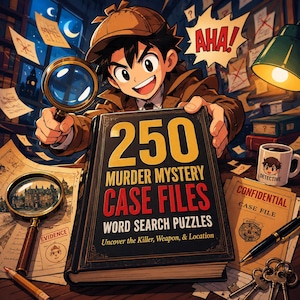 May include: A book titled 250 Murder Mystery Case Files Word Search Puzzles Uncover the Killer, Weapon, & Location. The cover features a detective character with a magnifying glass, a mug labeled Detective, a pen, keys, and case files.