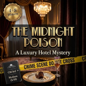 Peut inclure: Publicité pour "The Midnight Poison", un jeu de mystère d'hôtel de luxe pour 4 à 8 joueurs. L'image montre une assiette avec un dessert au chocolat, un verre de vin et du ruban de scène de crime, suggérant un thème de mystère.