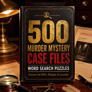 以下が含まれることがあります： 黒いハードカバーの本で、タイトルは「500 Murder Mystery Case Files Word Search Puzzles」です。数字の500と「Murder Mystery」は金色の文字、「Case Files」は赤色の文字、その他のサブタイトルは白色の文字で表紙に印刷されています。