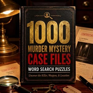 Op de afbeelding: Een zwart boek getiteld 1000 Murder Mystery Case Files Word Search Puzzles met gouden en rode letters. De kaft bevat een vergrootglas-icoon en de tekst Uncover the Killer, Weapon, & Location. Het is omringd door detective-gerelateerde items.
