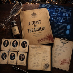 May include: A murder mystery game set featuring a case file titled A Toast to Treachery, a sommelier's log, a medical report, six character cards, a biohazard sample bottle, a broken champagne glass, and a digital security system floor plan.
