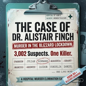 Può includere: Una cartellina con un documento intitolato The Case of Dr. Alistair Finch, Murder in the Blizzard Lockdown. Il testo recita 3,002 Suspects. One Killer. Una griglia mostra nomi con Bernard cerchiato. Un braccialetto ospedaliero blu riporta Room 104 Blizzard Lockdown.