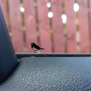 May include: A small, black and white bird illustration is perched on a textured, dark blue surface. The bird has a white chest and a black head and back. The background is a blurred view of a red wooden fence.