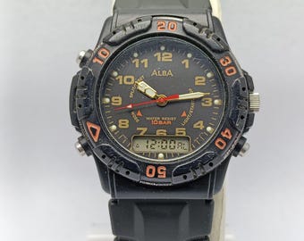 Vintage Seiko Alba V072-0010 Ana-Digi Quartz Men’s Watch Black Alarm Chronograph