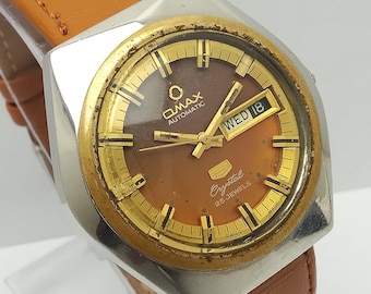 Vintage Omax 5 Crystal Automatic 3532G Men Watch Day Date Brown Dial 39mm