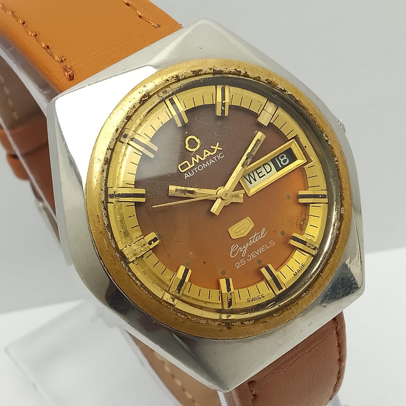 Vintage Omax 5 Crystal Automatic 3532G Men Watch Day Date Brown