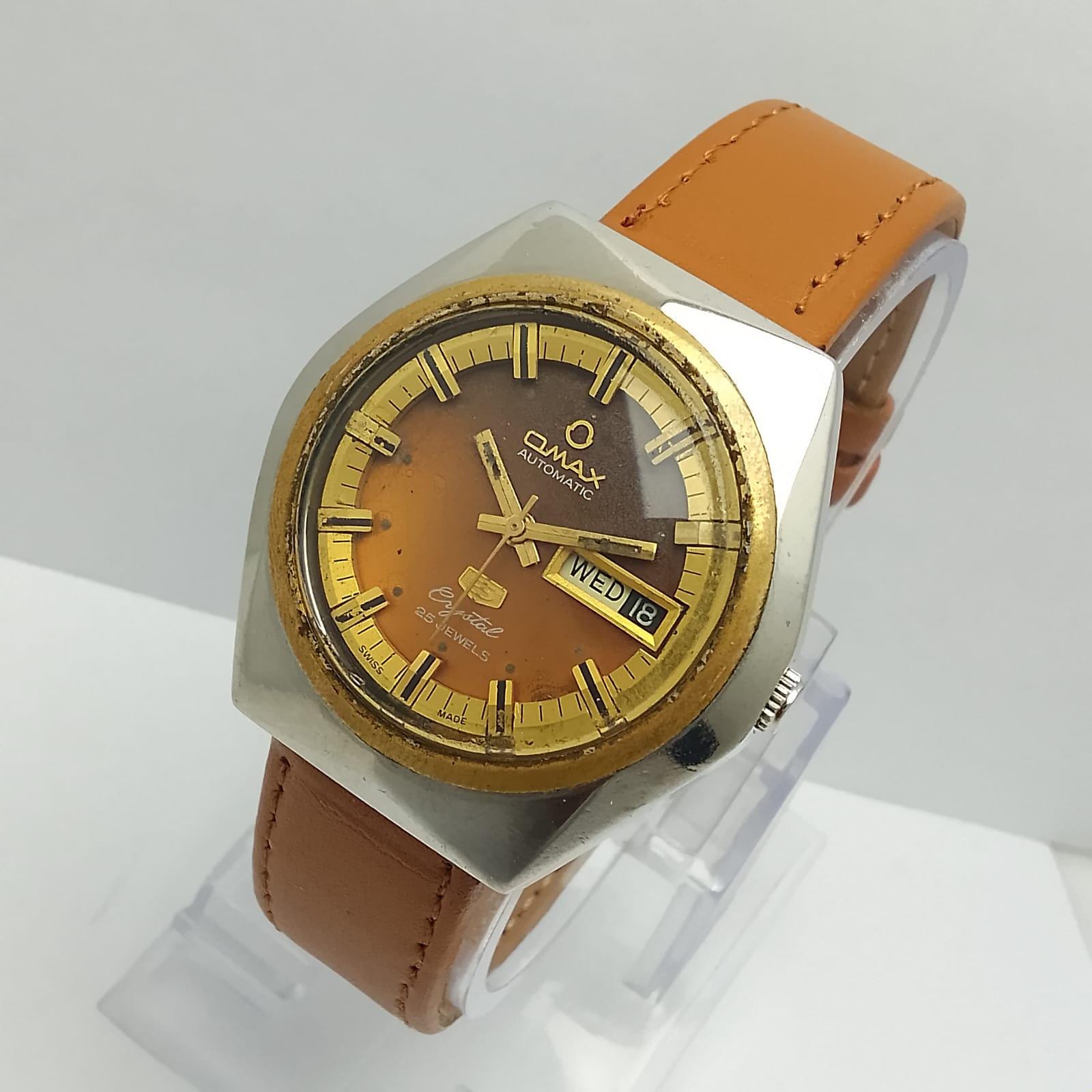 Vintage Omax 5 Crystal Automatic 3532G Men Watch Day Date Brown