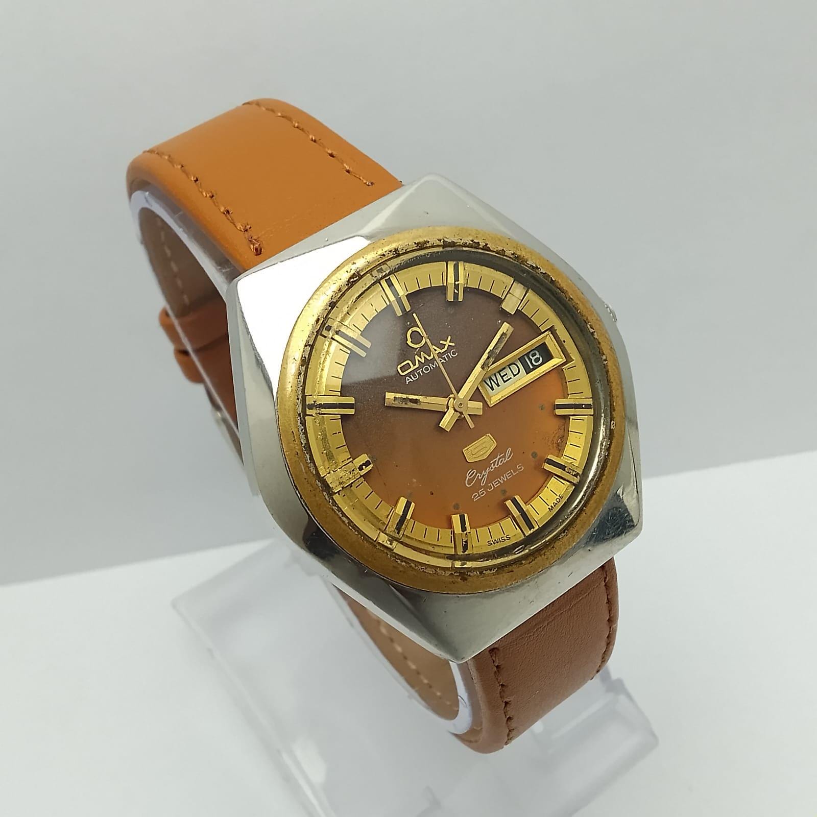 Vintage Omax 5 Crystal Automatic 3532G Men Watch Day Date Brown
