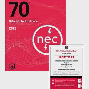May include: A red and white book titled "NFPA 70 National Electrical Code 2023 Edition" with the text "nec" and a lightning bolt symbol. Includes a smaller white index tab sheet with instructions.