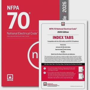 May include: A red book cover with the text "NFPA 70" and "National Electrical Code". A white insert shows "INDEX TABS" and instructions for use. The NFPA logo is visible.