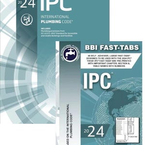 May include: Two books titled "2024 IPC International Plumbing Code" and "BBI Fast-Tabs" are displayed. The main book is teal and white, with the text "IPC" in large letters. The smaller book has a world map graphic.