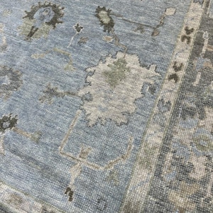 May include: Close-up of a blue area rug with a detailed floral pattern. The rug features a light blue background with accents of gray, green, and brown. The design includes stylized floral motifs and a border.