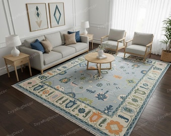 Hand Knotted Wool Oushak Rug: Cream, Sage Green & Blue Floral