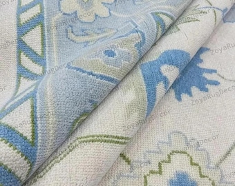 Hand Knotted Wool Oushak Rug 8x10, Soft Green and Blue, Coastal Decor