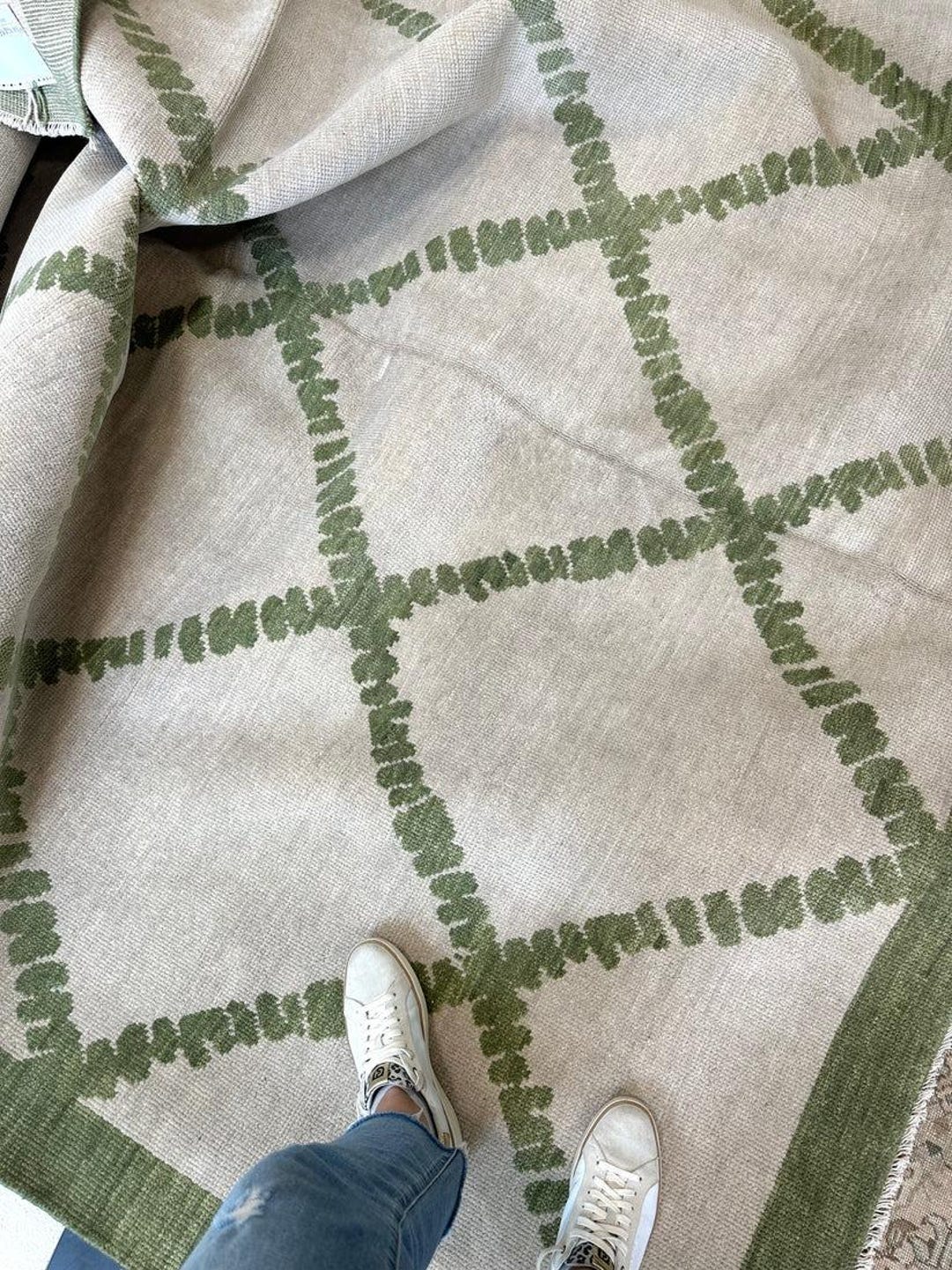 Modern Oushak Sage Green Diamond Trellis Area Rug - Hand Knotted Style ...