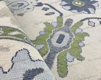 Hand Knotted Wool Oushak Rug, Cream, Green and Blue Floral