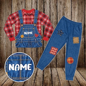 May include: A long-sleeve red and black plaid shirt with an attached denim overall bib featuring the text NAME, a yellow circle, and a red heart. The set includes matching blue denim pants with a star, a tan square, and two plaid patches.