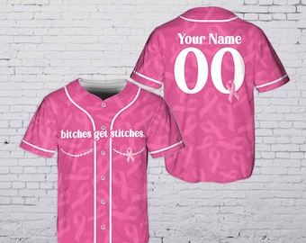 Personalized Pink Ribbon Baseball Jersey, Breast Cancer Awareness Jersey, Custom Name & Number Survivor Gift, Support Squad Gift