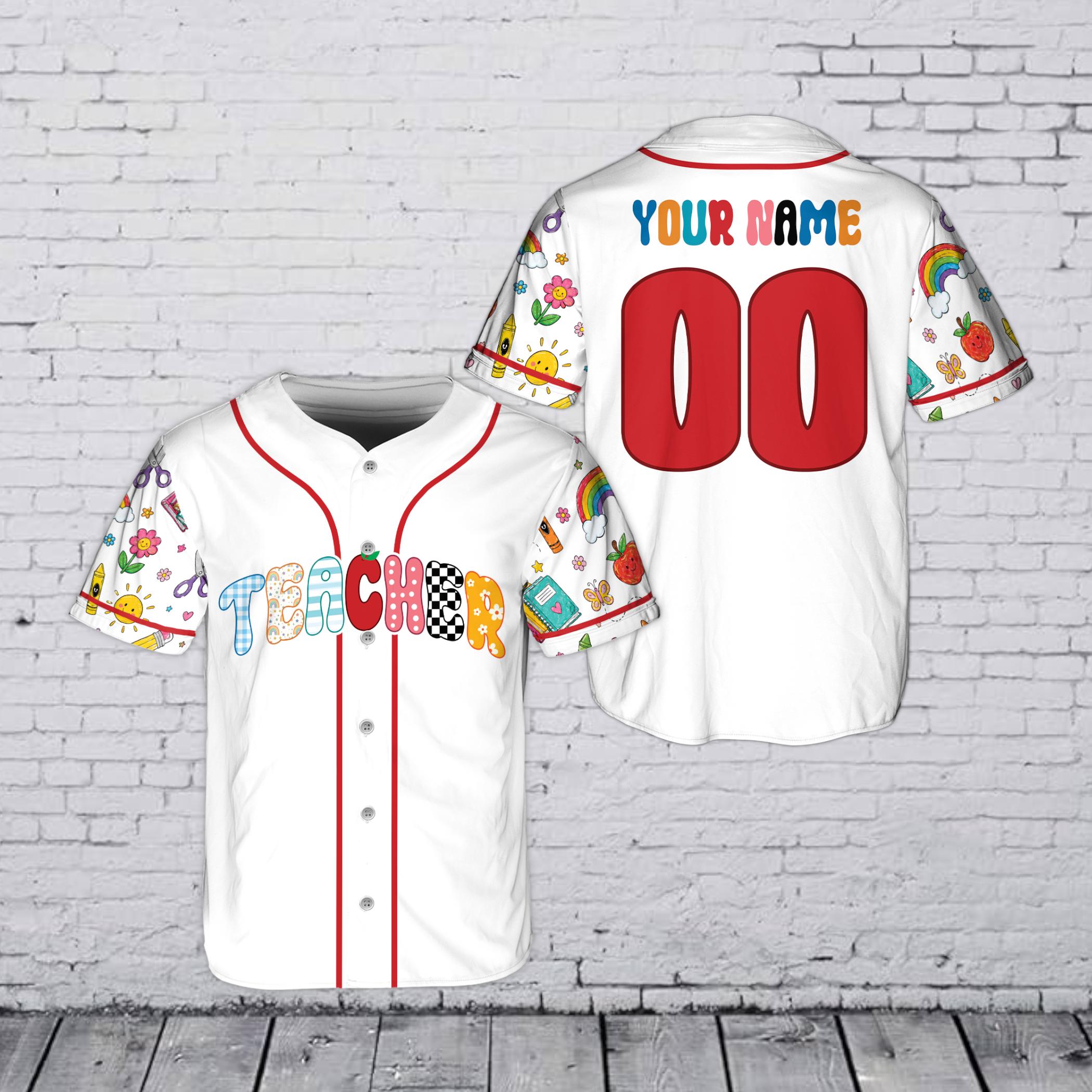Custom Name Teacher Jersey, Colorful Teacher Baseball Tee, Preschool Teacher Gift, School Staff Shirt, Personalized Button Down Jersey