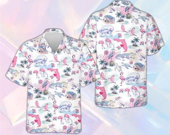 Tropisch Hawaiiaans shirt Florida, flamingo-lamantijn alligator palm aloha shirt, outfit strandvakantie, zomerresortkleding