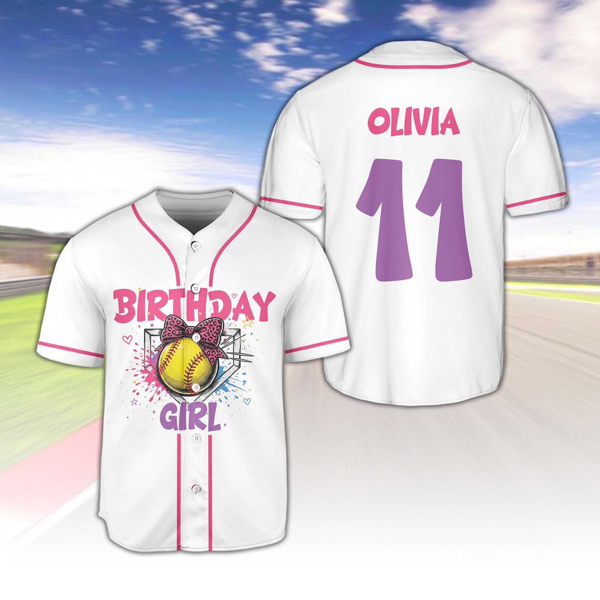 Custom Softball Birthday Jersey for Girls, Personalized Leopard Bow Softball Shirt, Youth Baseball Jersey, Kids Birthday Party Outfit